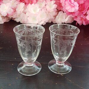 2pc Vintage Bohemia Czech Crystal Etched Thistle 4oz Juice Glasses